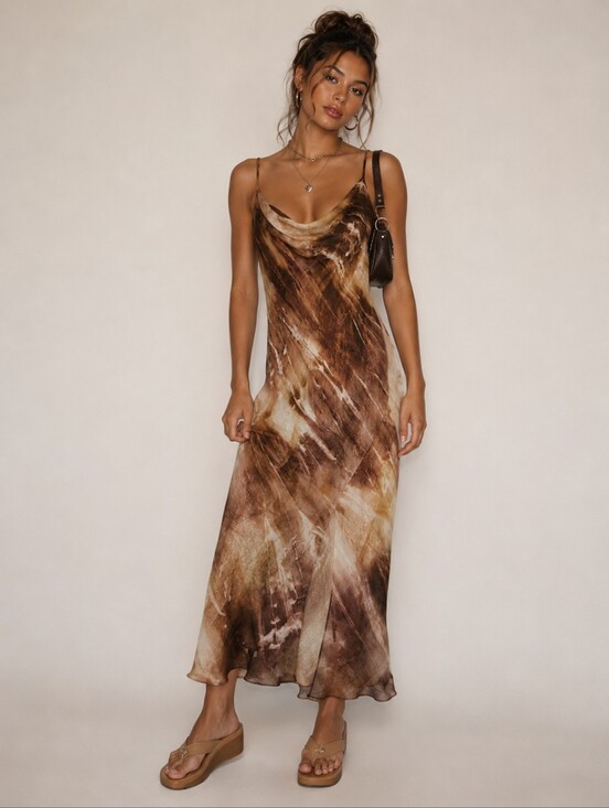 Vintage Dresses & Skirts - Vintage Y2K Cowl Neck Slip Dress Size L Brown Ruffle Hem